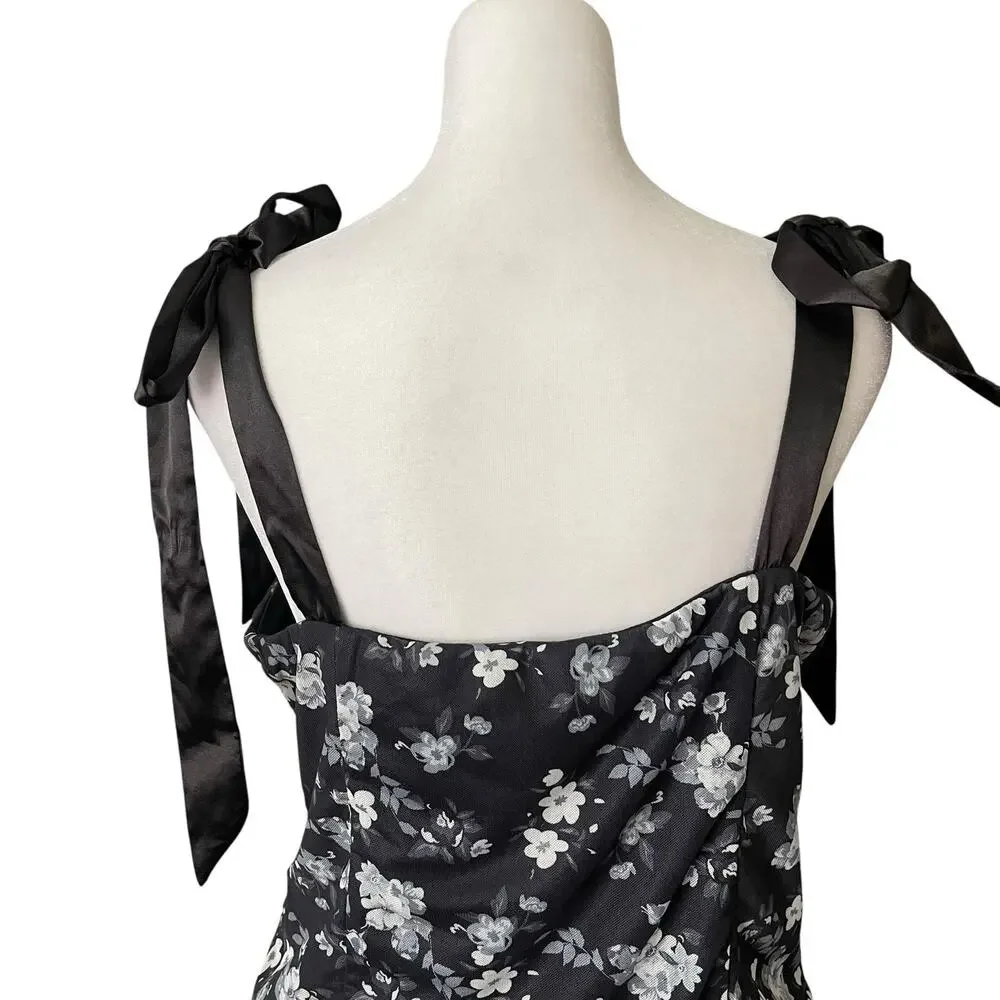NWT Lulu's Womens XL Bodysuit Tank Top Tie Straps Black Gray Floral Thong Snap - Picture 11 of 13